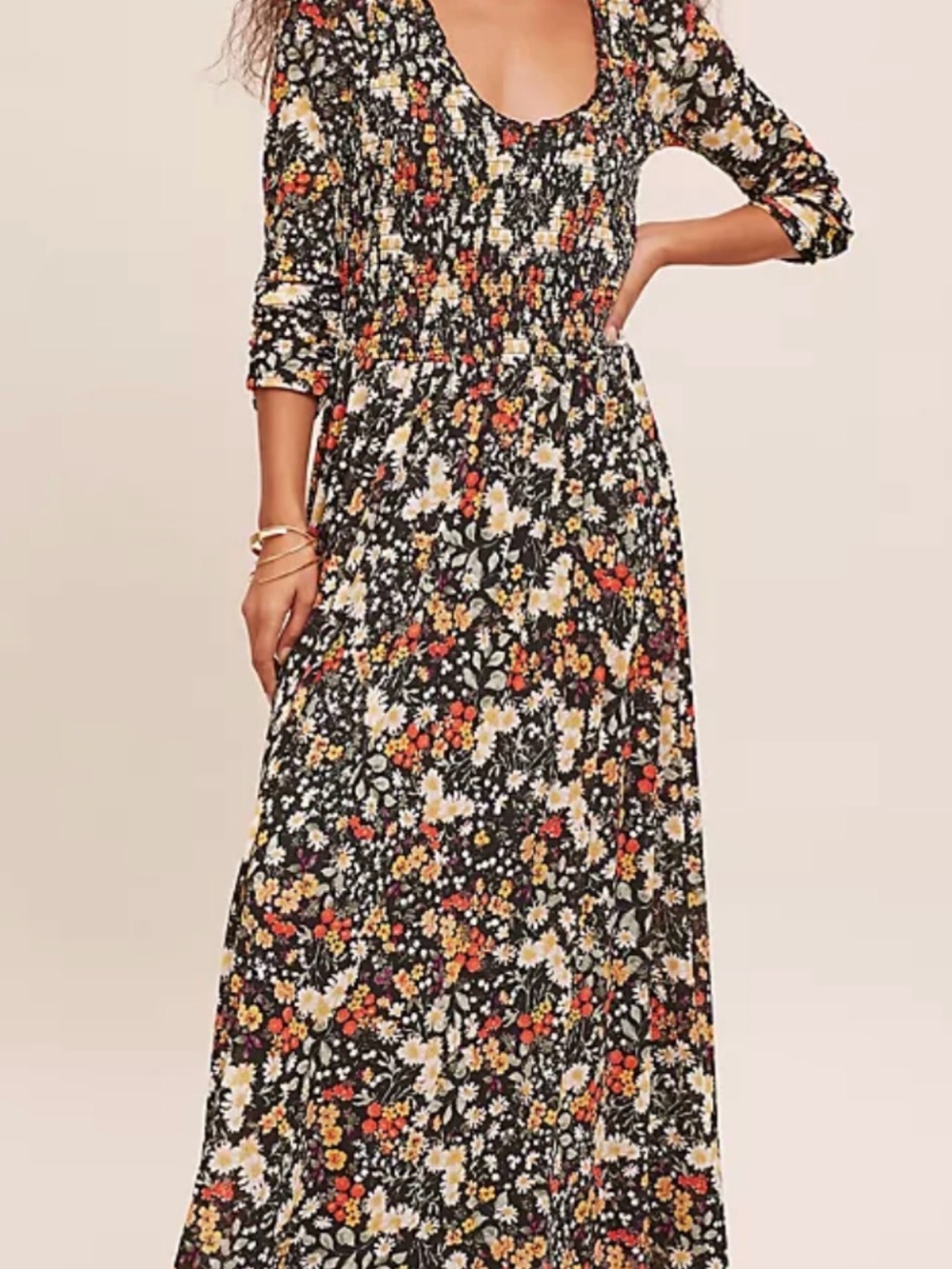 Anthropology Maeve Black Floral Smocked Bodice Maxi Dress